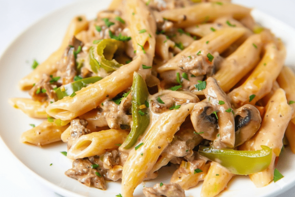 Delicious Philly Cheese Steak Pasta topped with melted cheese and peppers recipe card