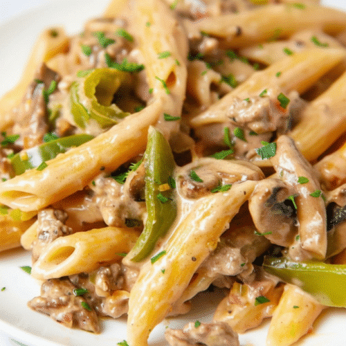 Delicious Philly Cheese Steak Pasta topped with melted cheese and peppers recipe card