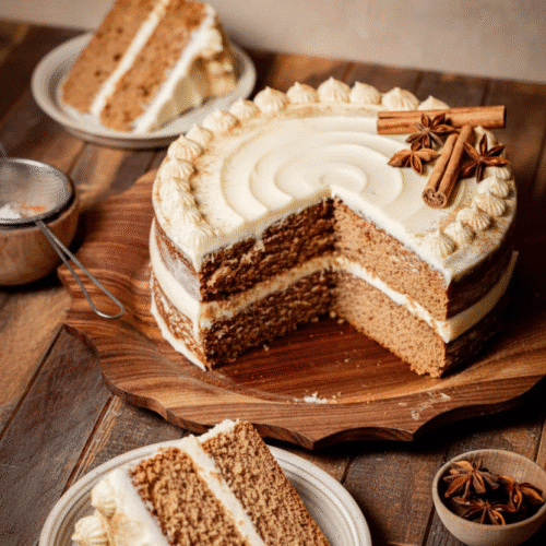 Delicious brown sugar chai cake topped with spices and a soft frosting. recipe card