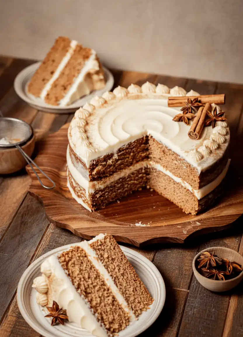 Delicious brown sugar chai cake topped with spices and a soft frosting. recipe card