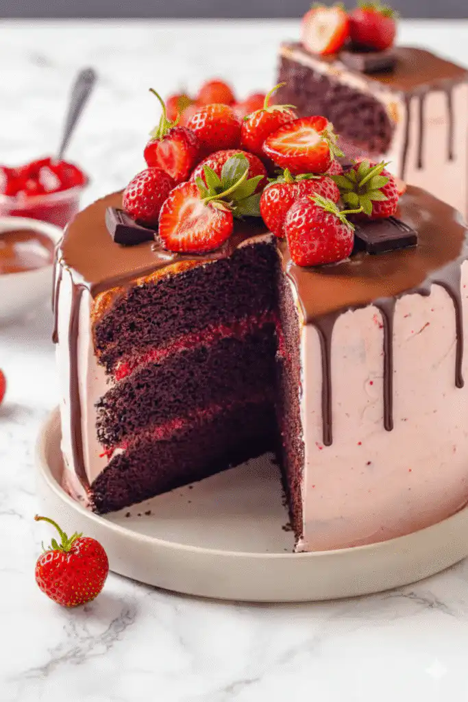 Slice of rich Strawberry Chocolate Cake topped with fresh strawberries and chocolate ganache.
