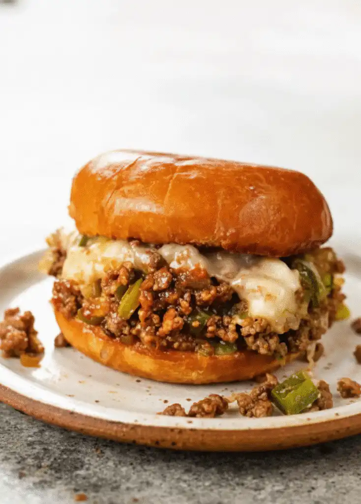 Delicious Ground Beef Philly Cheesesteaks topped with melted cheese and sautéed onions. ingr