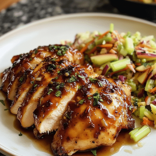 Sticky Apple Cider Glazed Chicken served with a side of crunchy, colorful Autumn Slaw featuring cabbage and apple slices. recipe card