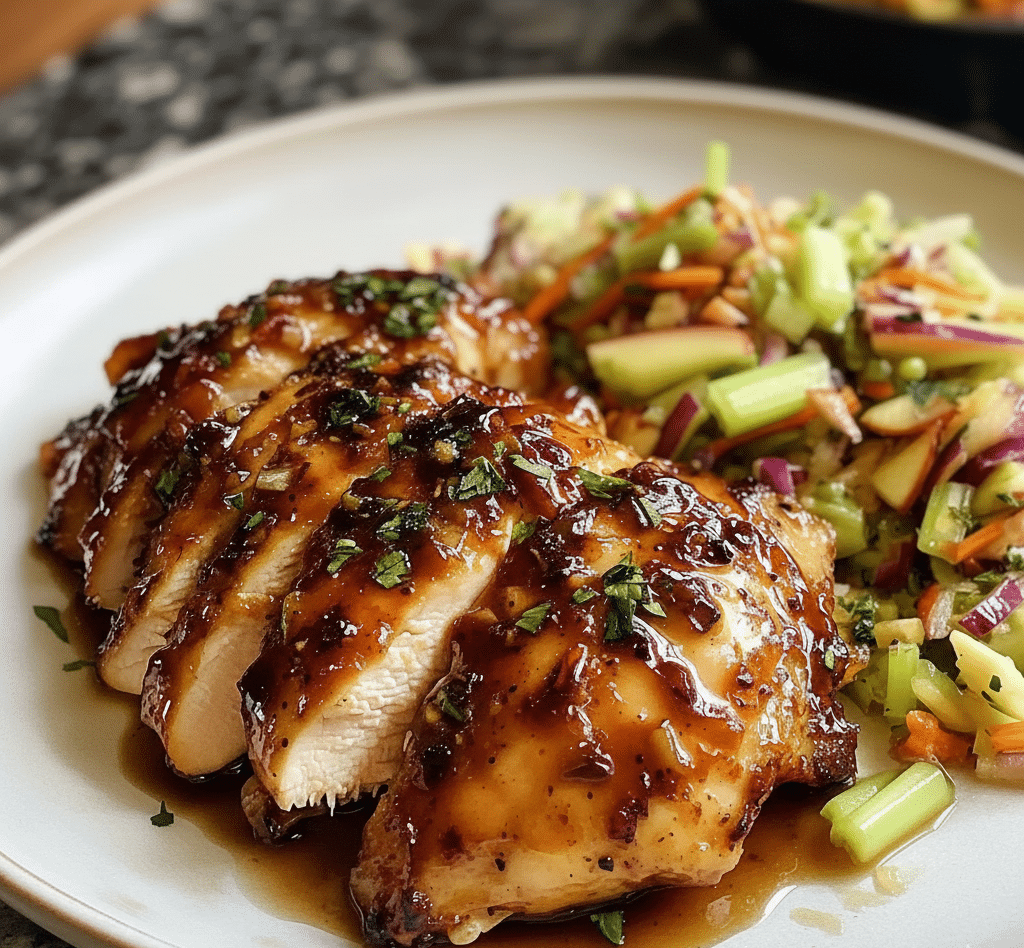 Sticky Apple Cider Glazed Chicken served with a side of crunchy, colorful Autumn Slaw featuring cabbage and apple slices. recipe card