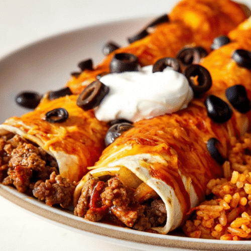 Plate of ground beef enchiladas topped with cheese and salsa recipe card