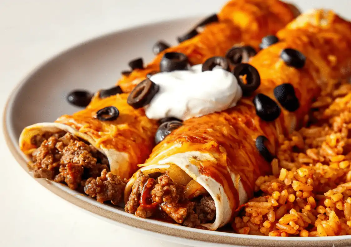 Plate of ground beef enchiladas topped with cheese and salsa recipe card