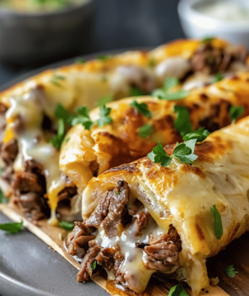 Close-up of keto Philly cheesesteak rolls stuffed with thinly sliced steak, melted provolone cheese, and sautéed peppers on a serving platter.