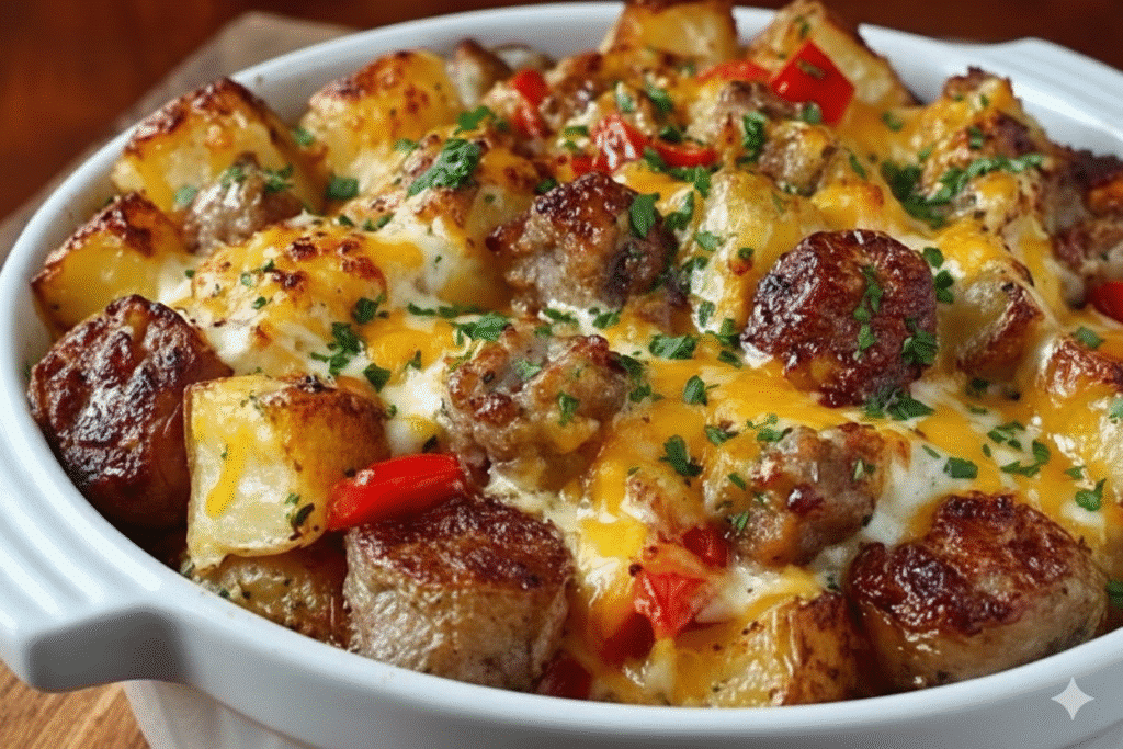 Cheesy ranch potatoes and smoked sausage served on a plate