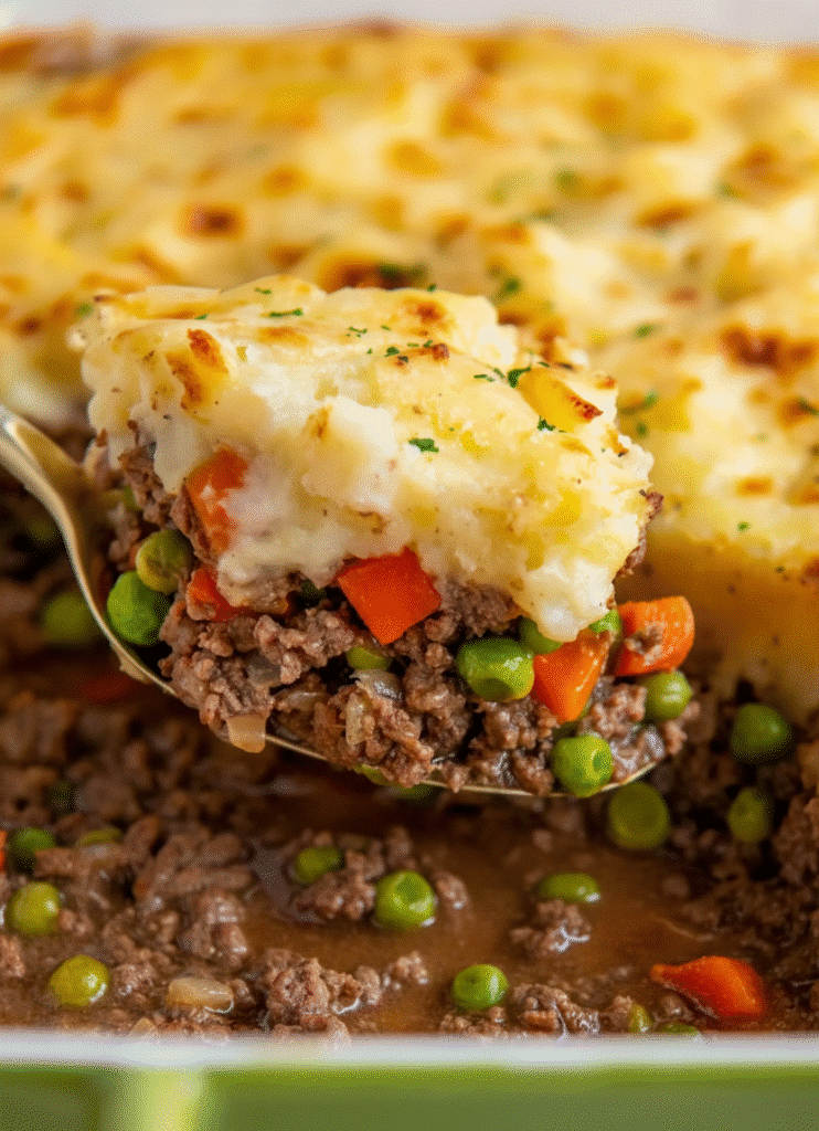 Easy Shepherd's Pie casserole with mashed potatoes and ground meat. serving