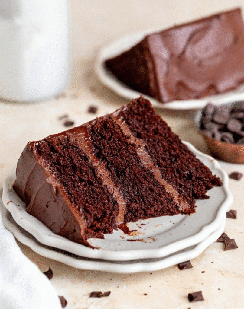 Delicious Matilda's Chocolate Cake with rich chocolate frosting on a plate