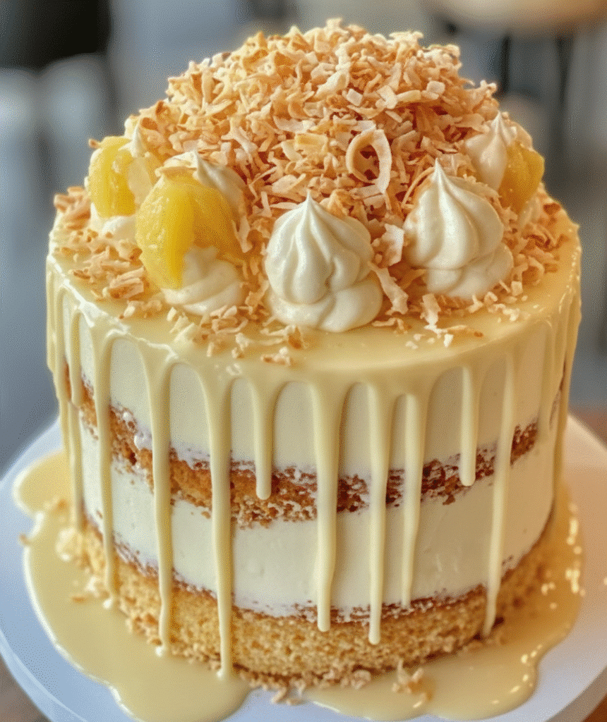 Slice of Pineapple Coconut Dream Cake with tropical fruits on top