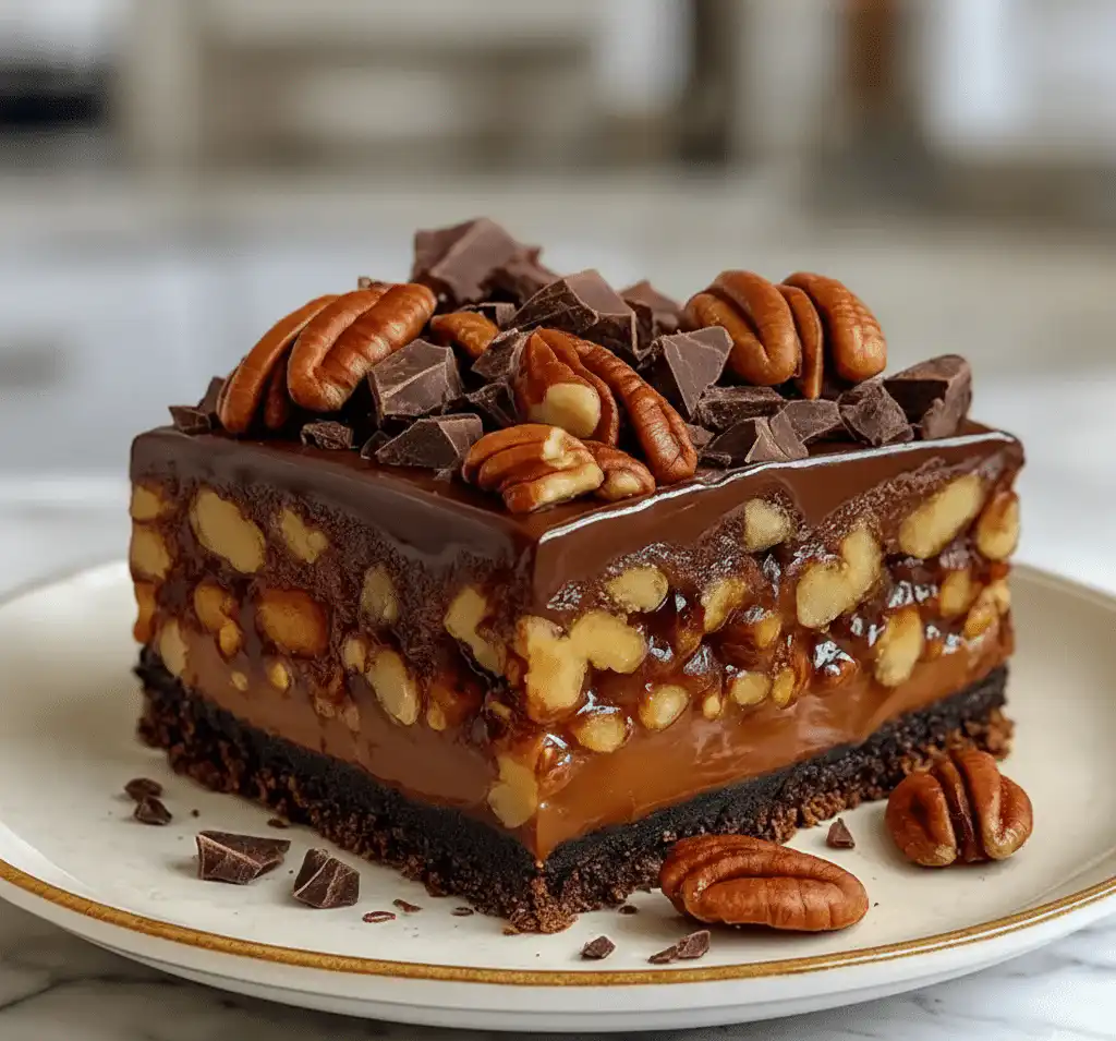 A slice of Texas chocolate pecan pie with a flaky golden crust, gooey chocolate filling, and toasted pecans on a white plate.
