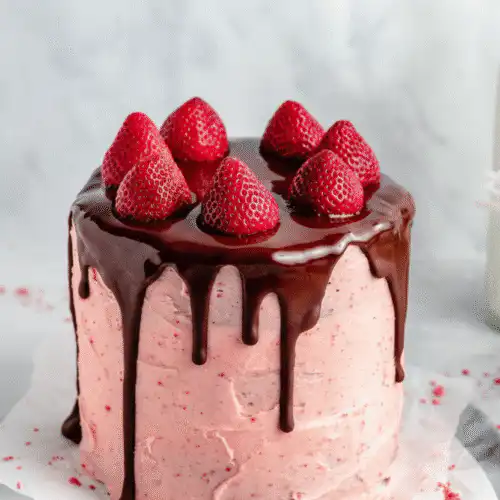 Slice of rich Strawberry Chocolate Cake topped with fresh strawberries and chocolate ganache.