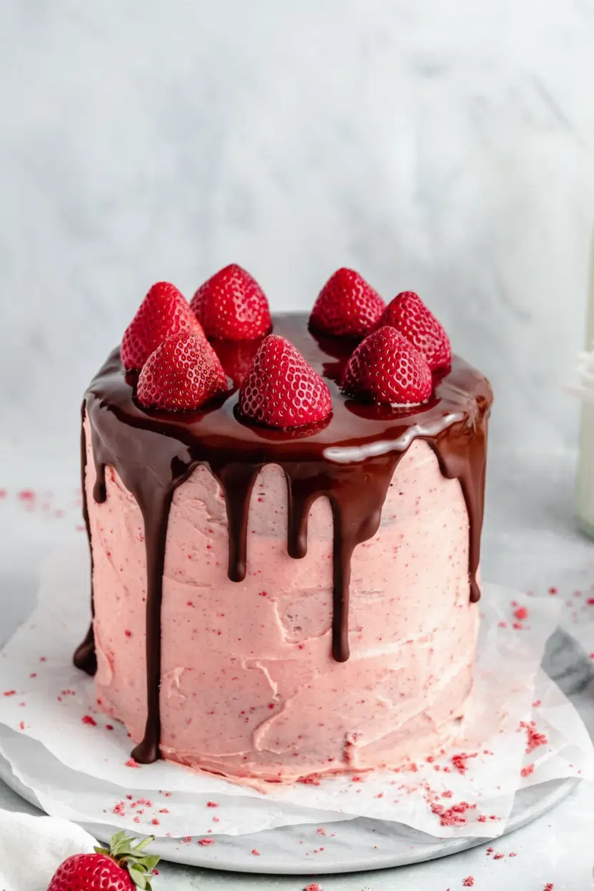 Slice of rich Strawberry Chocolate Cake topped with fresh strawberries and chocolate ganache.