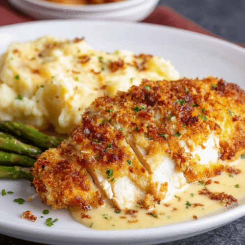 Longhorn Steakhouse's crispy Parmesan Chicken dish garnished with herbs. recipe card