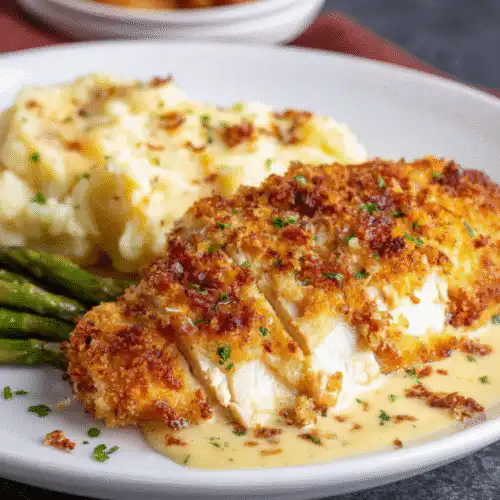 Longhorn Steakhouse's crispy Parmesan Chicken dish garnished with herbs. recipe card