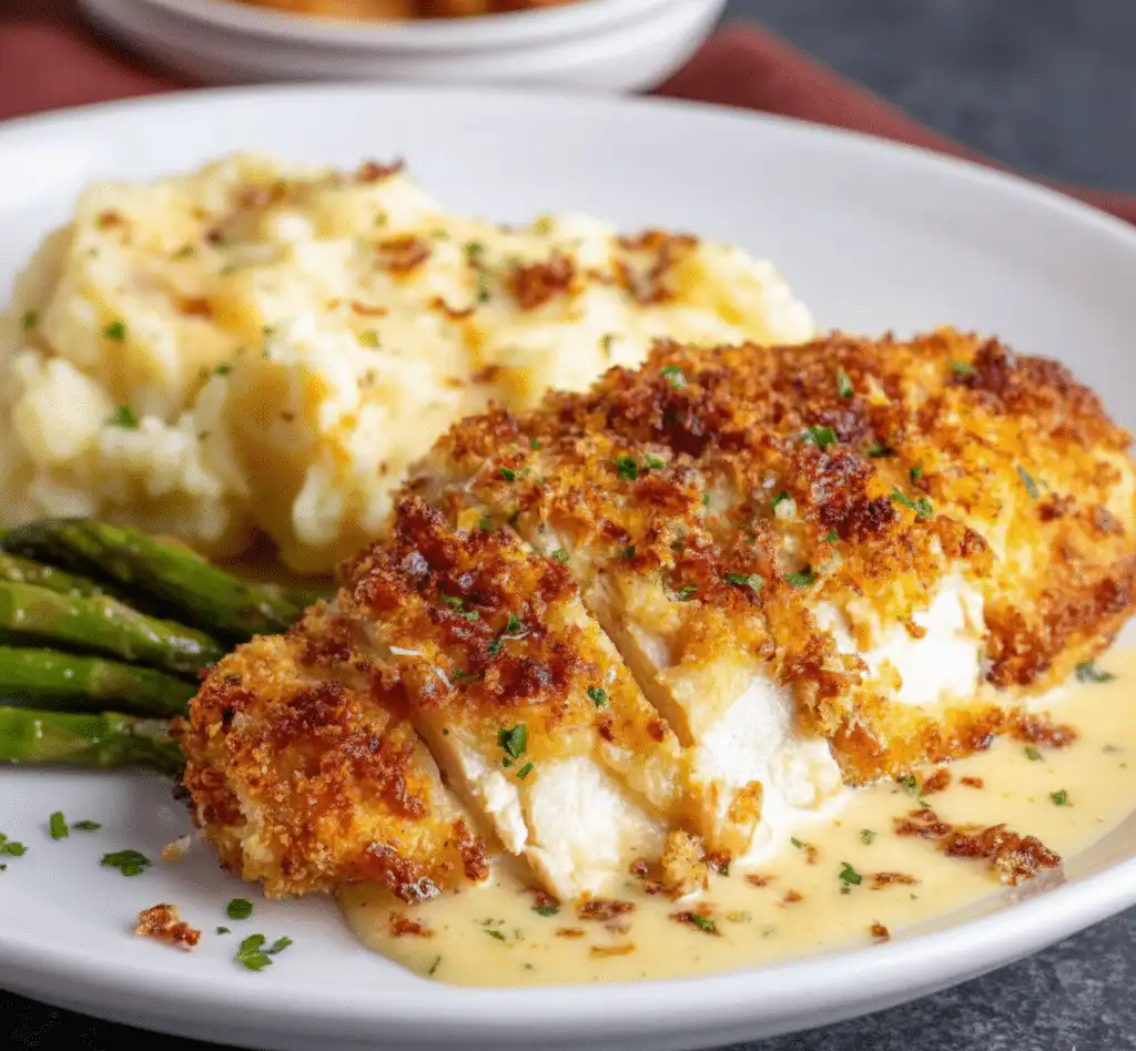 Longhorn Steakhouse's crispy Parmesan Chicken dish garnished with herbs. recipe card