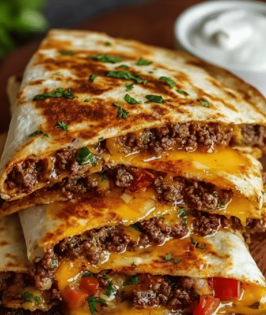 Delicious Smashburger Quesadillas served with fresh ingredients and melted cheese serving