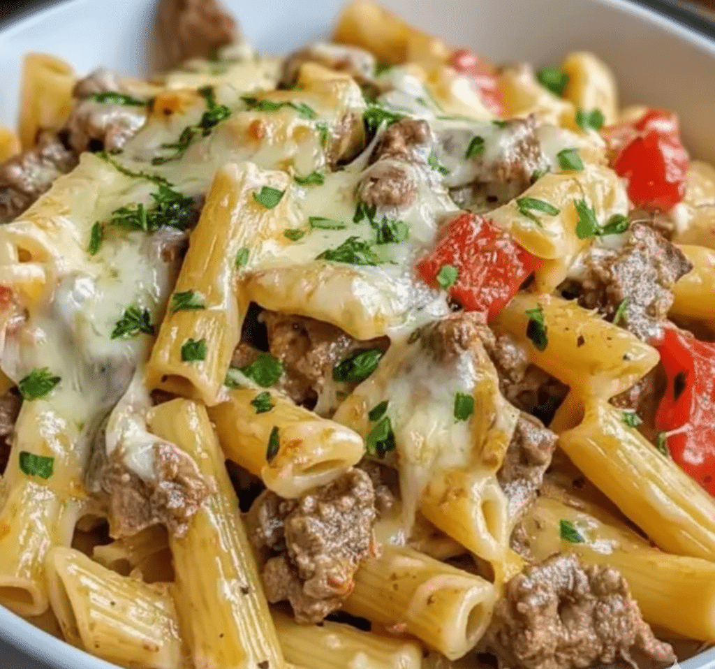 Delicious Philly Cheese Steak Pasta topped with melted cheese and peppers serving