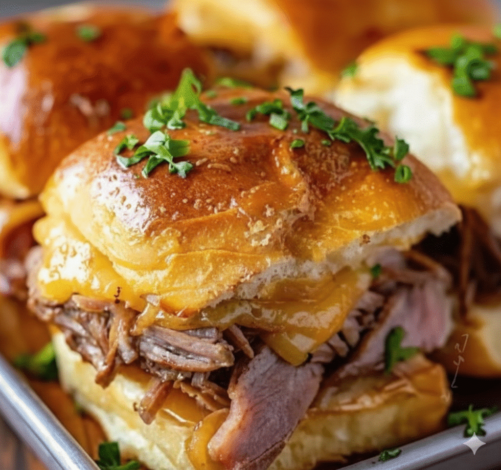 Savory French Dip sliders served on a platter with au jus for dipping. recipe card