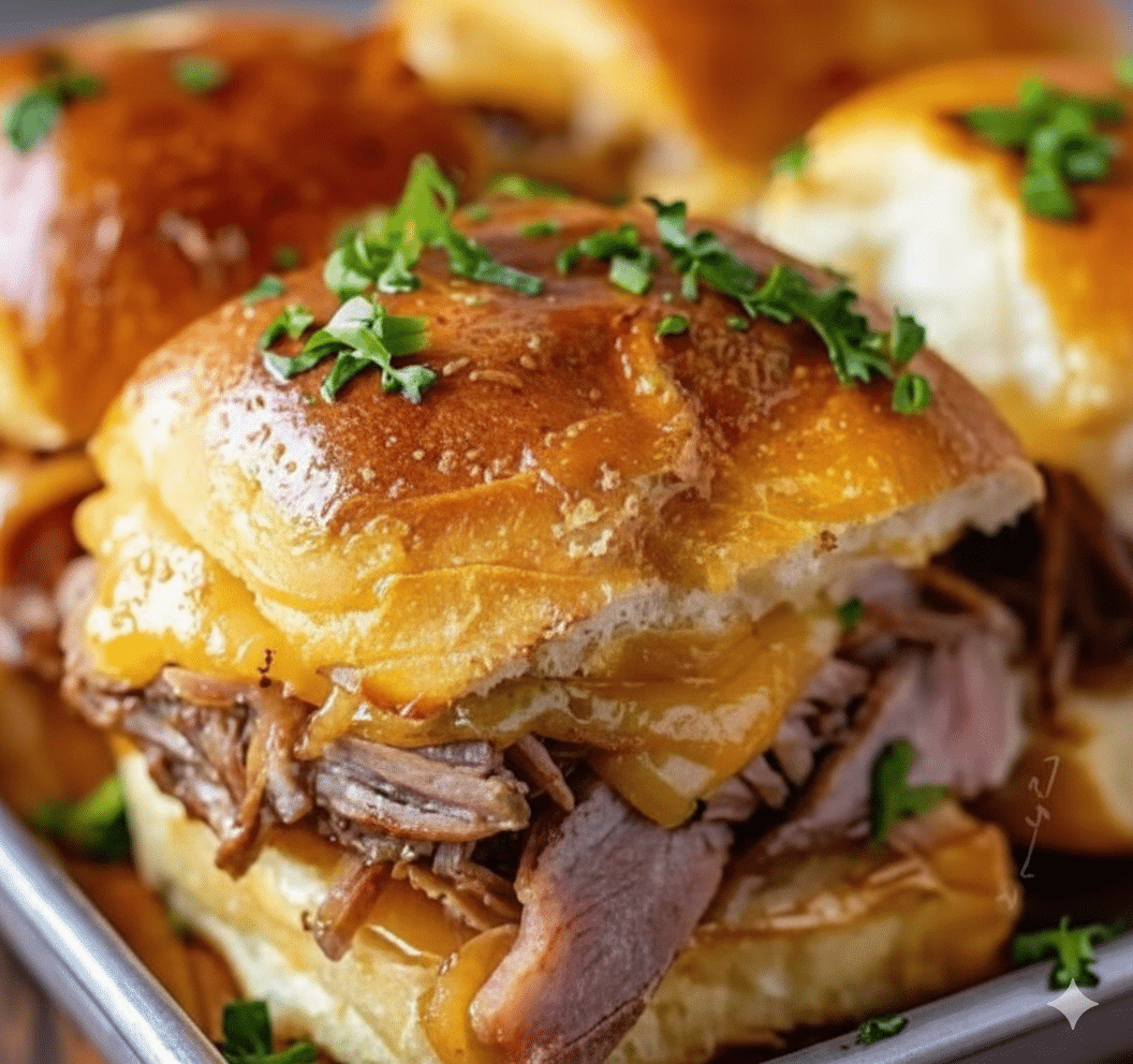 French Dip Sliders 1 Savory French Dip sliders served on a platter with au jus for dipping. recipe card