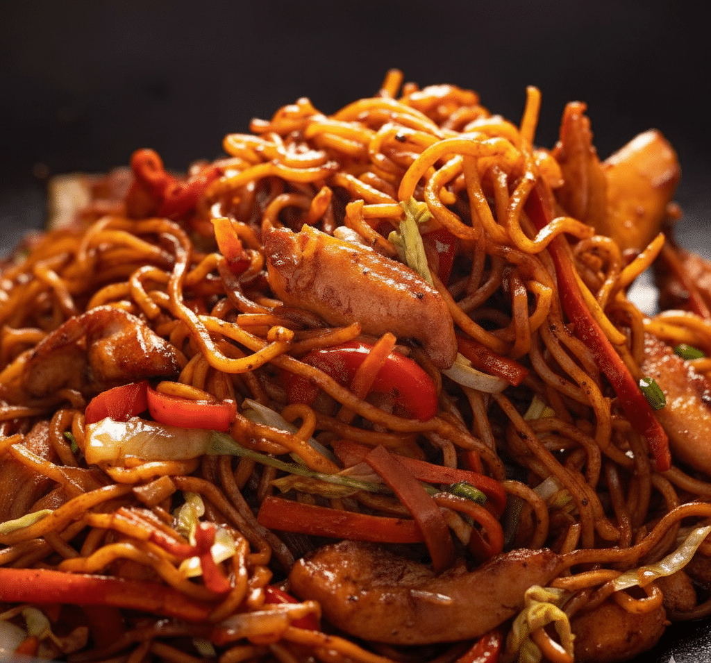 Delicious Chicken Lo Mein with colorful vegetables and noodles serv