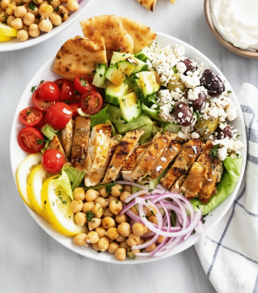 Delicious Greek Chicken Bowls topped with fresh vegetables and feta cheese serving