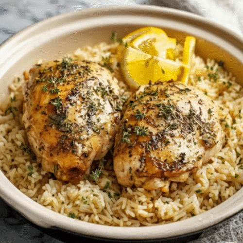 Delicious slow cooker lemon herb chicken garnished with fresh herbs. recipe card