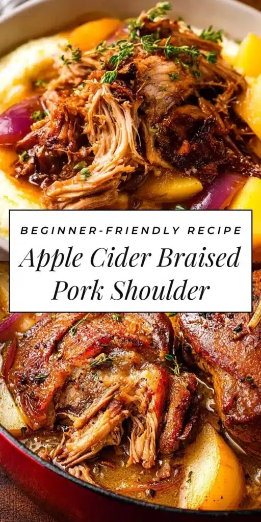 Delicious apple cider braised pork shoulder served with herbs and spices.