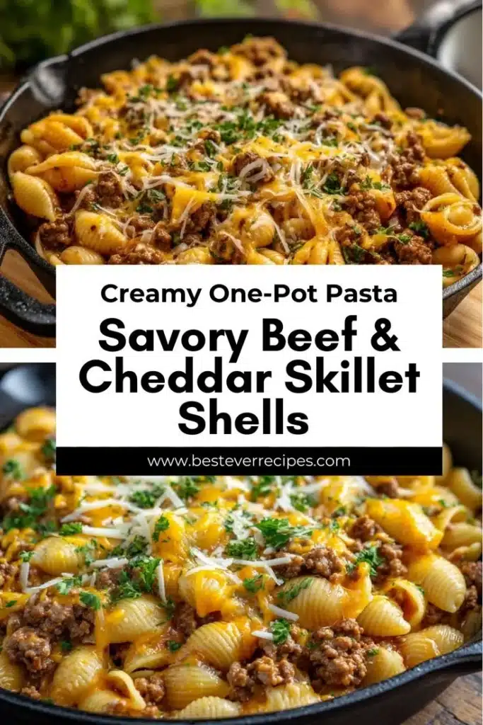 Delicious Beef and Cheddar Skillet Shells recipe topped with melted cheese.