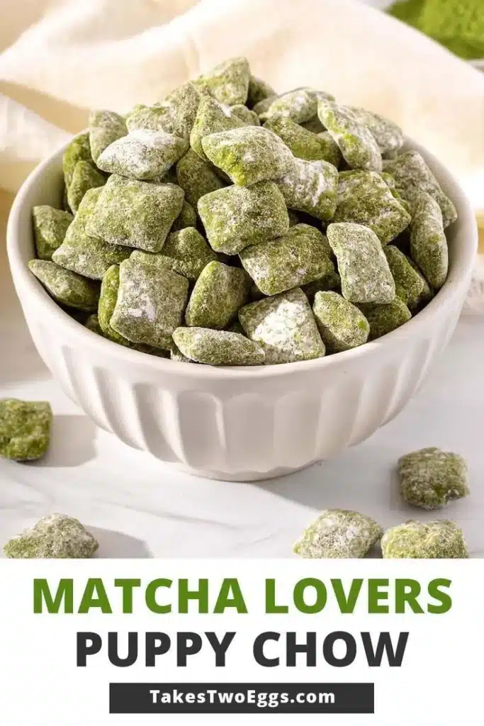 Bowl of delicious Matcha Puppy Chow with green powder and chocolate mix