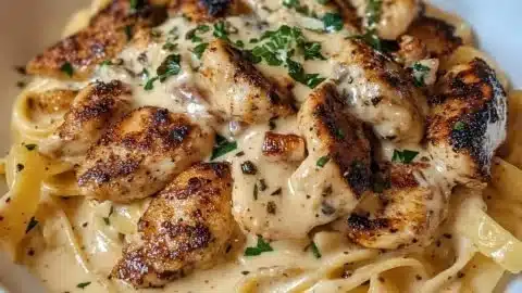 Delicious Blackened Cajun Chicken Alfredo served in a creamy sauce