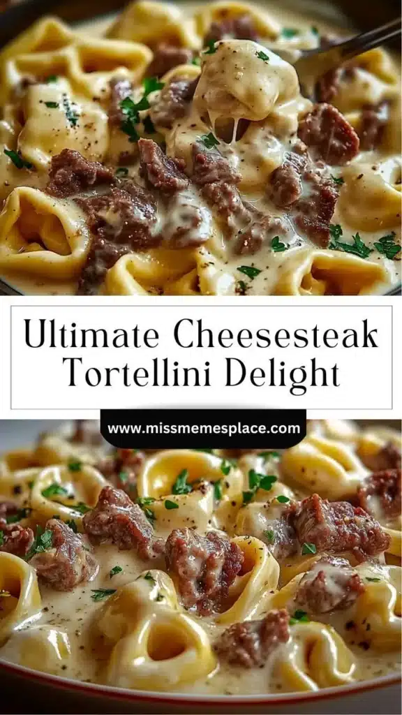 Plate of cheesesteak tortellini garnished with herbs and cheese