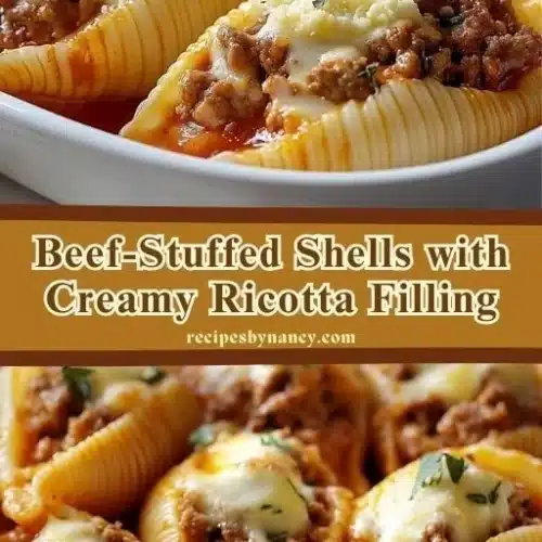 Plate of cheesy beef-stuffed shells with ricotta and marinara sauce