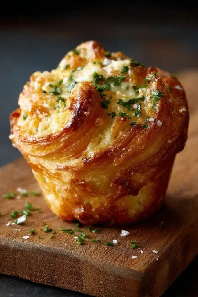 Freshly baked cheesy garlic cruffins with herbs and melted cheese