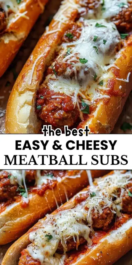 Delicious cheesy meatball subs topped with marinara and melted cheese