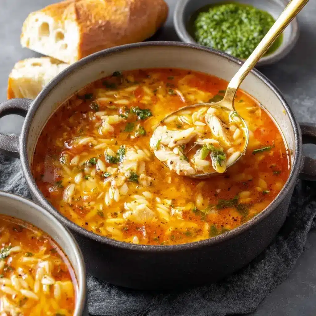 Bowl of Chicken Orzo Tomato Soup with fresh ingredients and herbs