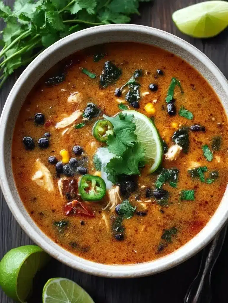 Bowl of Chicken Poblano and Black Bean Soup garnished with cilantro