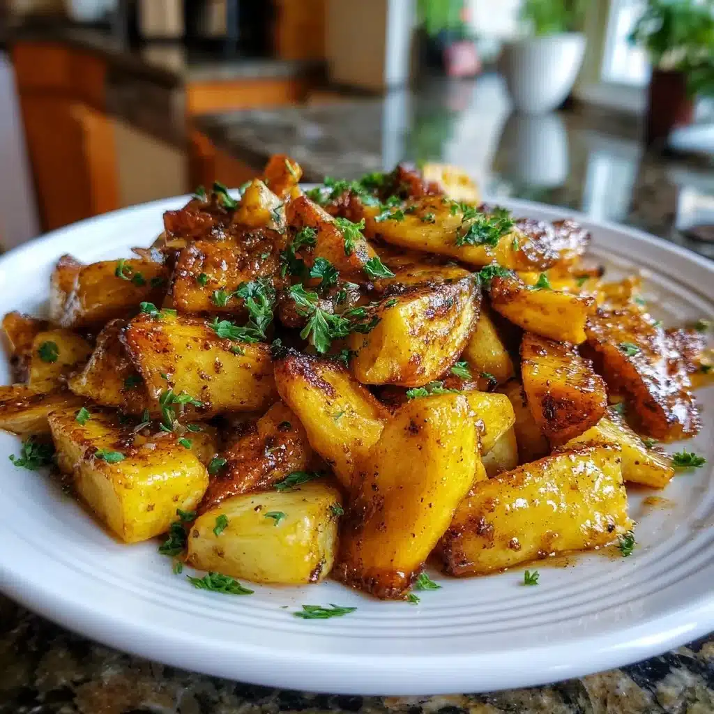 Bowl of delicious Cinnamon Maple Roasted Parsnips garnished with herbs