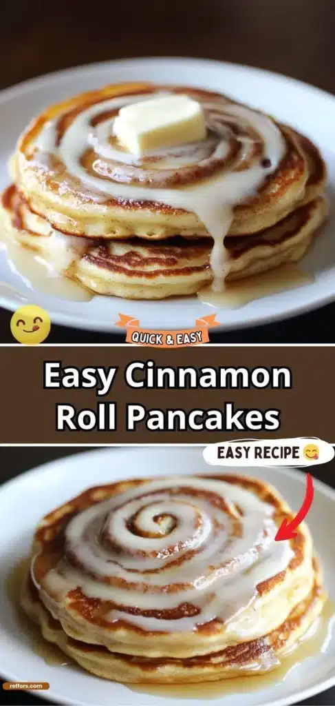 Delicious cinnamon roll pancakes drizzled with icing and topped with cinnamon sprinkle.
