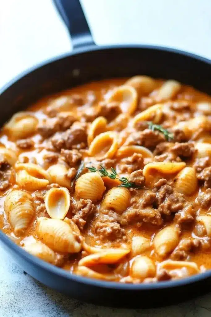 Creamy Beef and Shells dish with beef, pasta shells, and creamy sauce