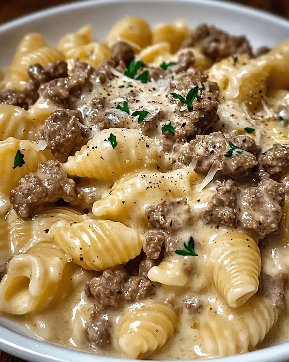 Creamy Beef and Shells in Garlic Parmesan Sauce 1 Creamy beef and shells in garlic parmesan sauce served in a bowl