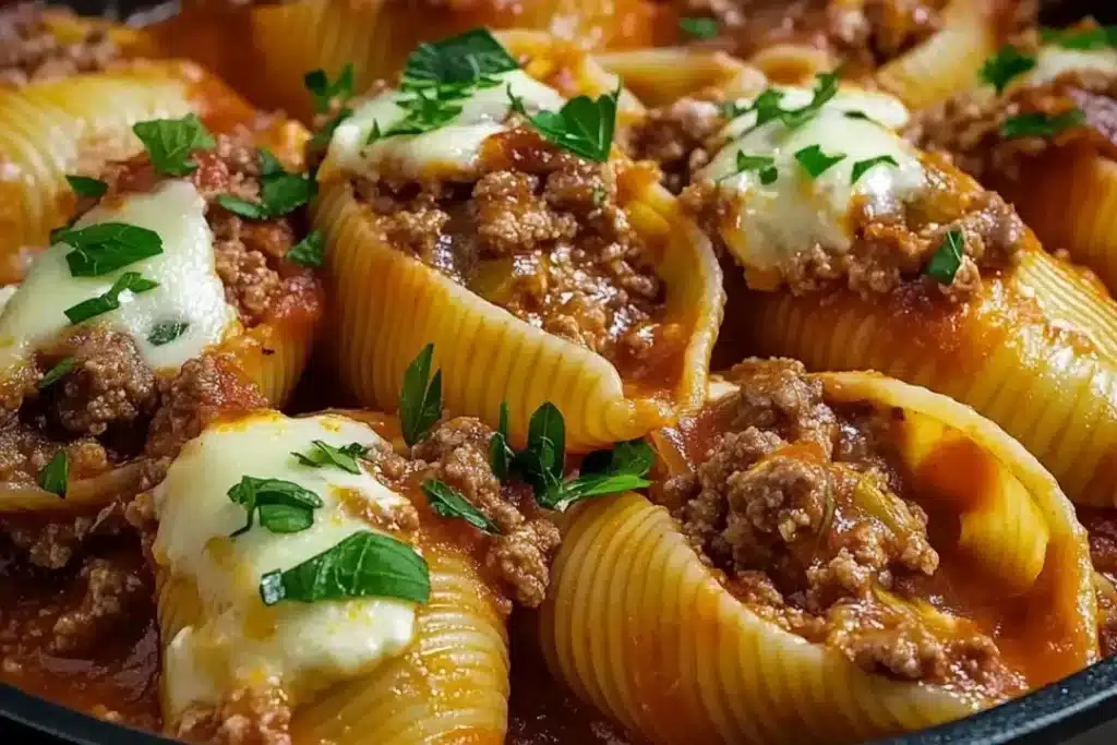 Creamy ricotta beef stuffed shells pasta dish garnished with parsley