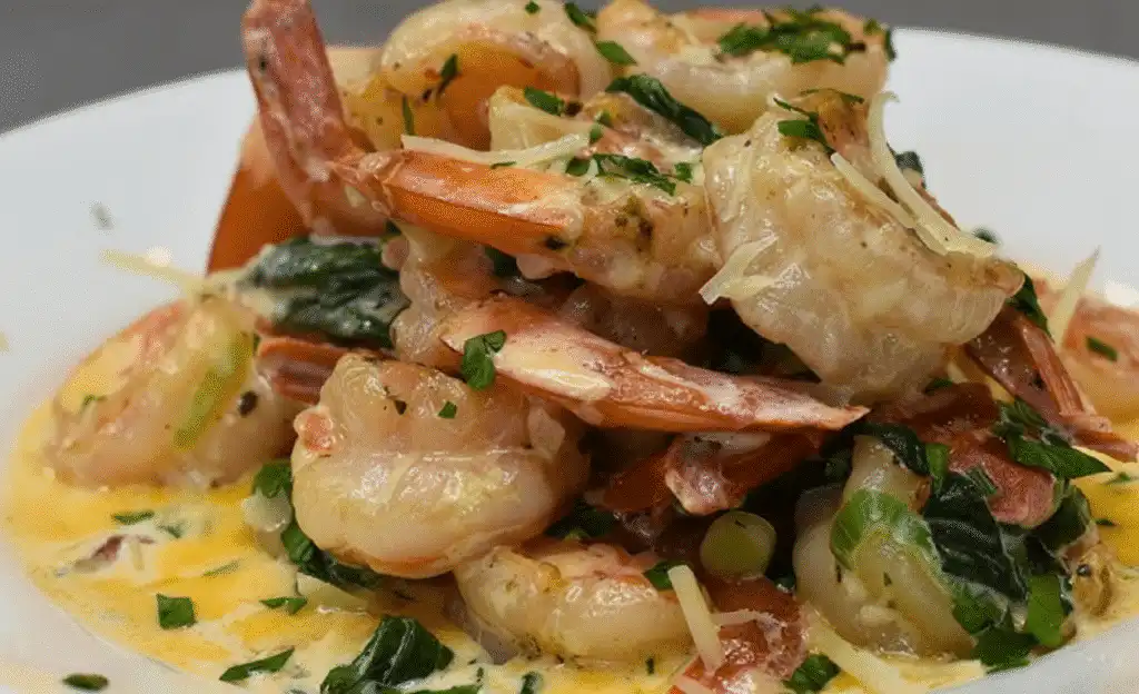 A top-down view of a Creamy Tuscan Shrimp Recipe featuring succulent shrimp, sun-dried tomatoes, and spinach in a rich garlic cream sauce. serving