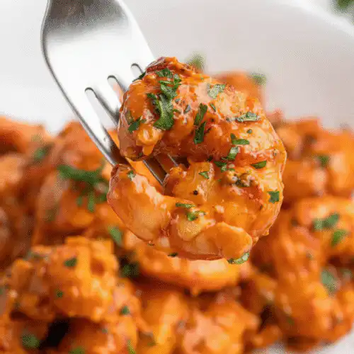 A top-down view of a Creamy Tuscan Shrimp Recipe featuring succulent shrimp, sun-dried tomatoes, and spinach in a rich garlic cream sauce. recipe card