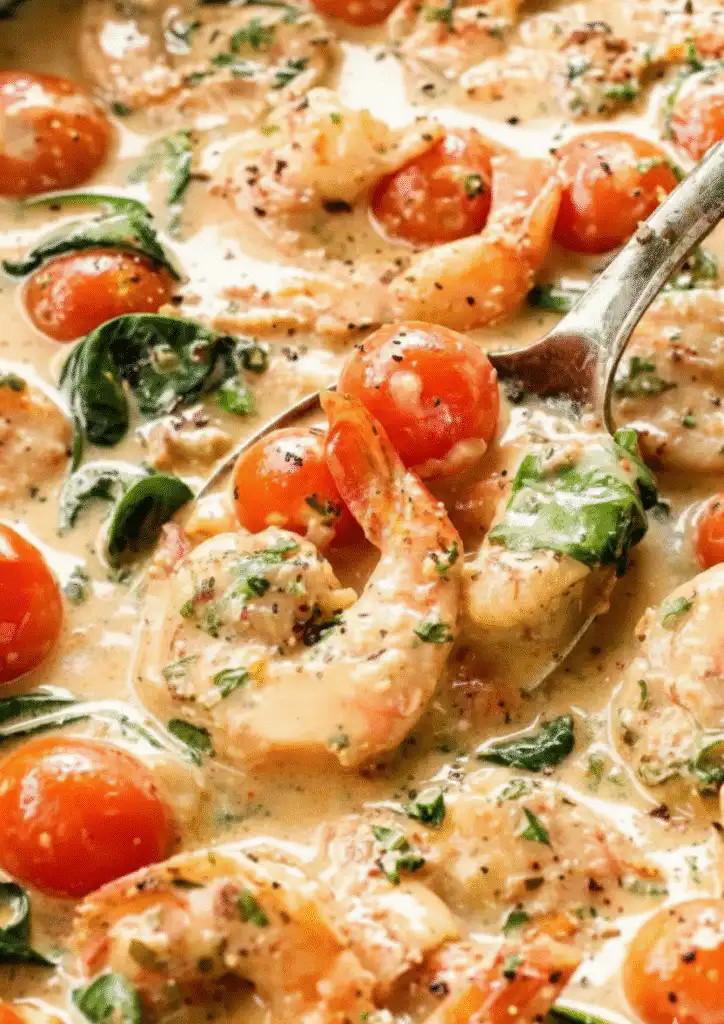 A top-down view of a Creamy Tuscan Shrimp Recipe featuring succulent shrimp, sun-dried tomatoes, and spinach in a rich garlic cream sauce.