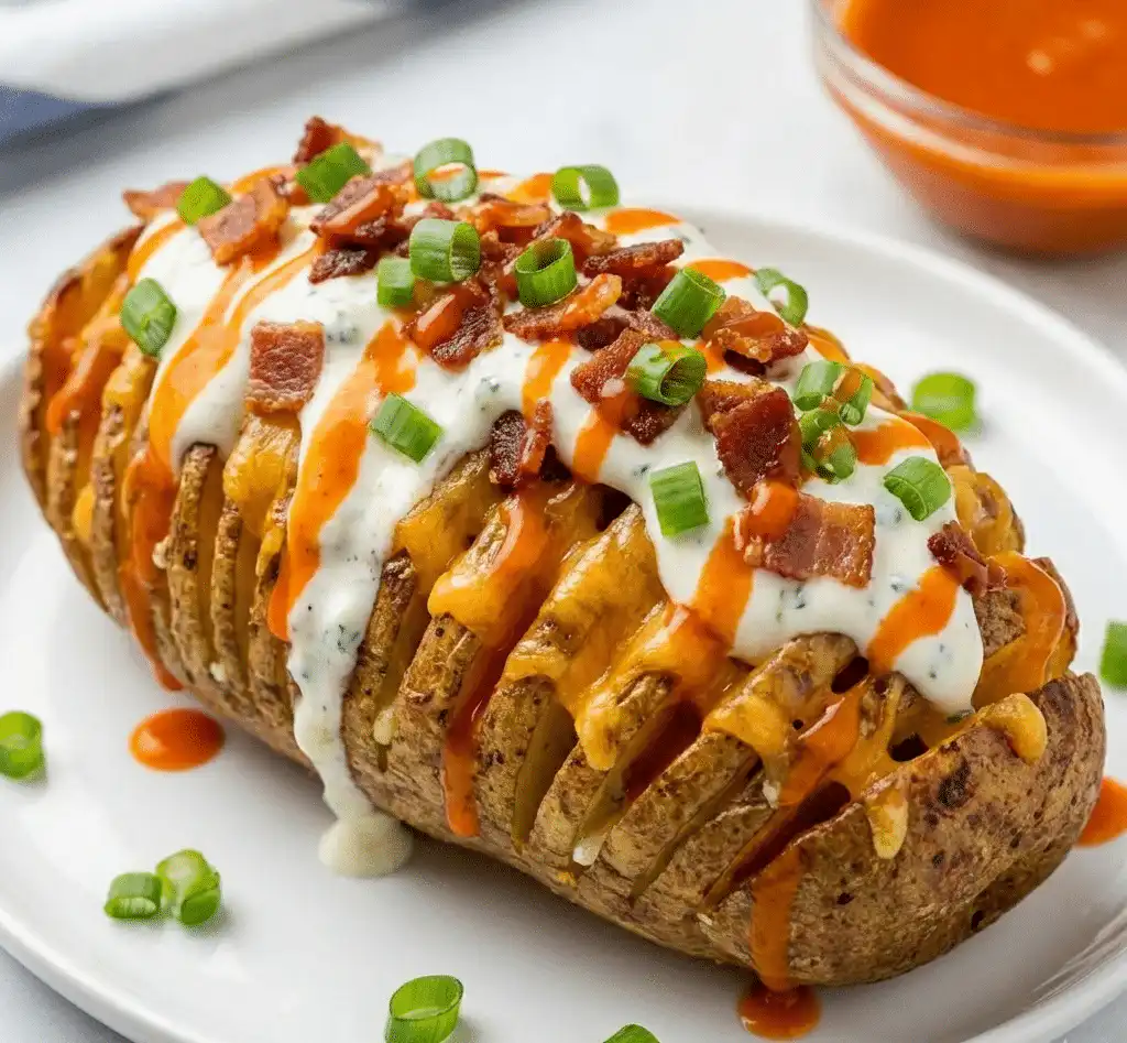 A close-up shot of crispy hashbrowns topped with melted cheddar cheese, crispy bacon bits, sour cream, and fresh chives, served in a cast-iron skillet. 