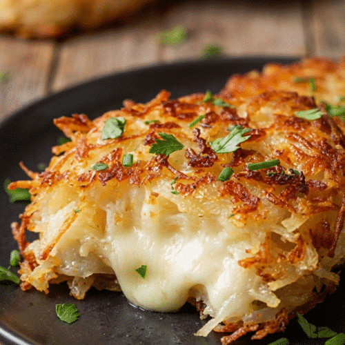 A close-up shot of crispy hashbrowns topped with melted cheddar cheese, crispy bacon bits, sour cream, and fresh chives, served in a cast-iron skillet. recipe card