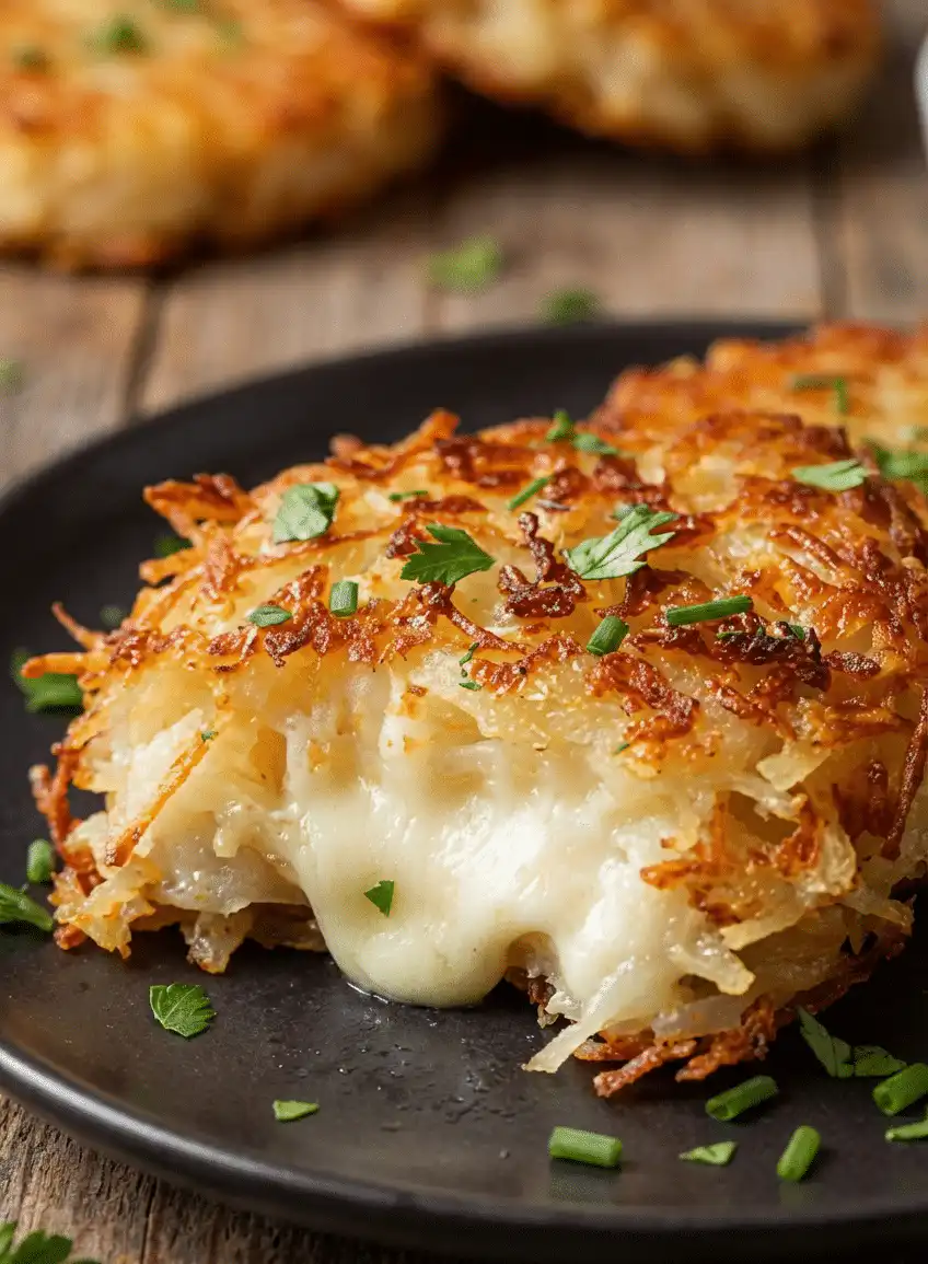 A close-up shot of crispy hashbrowns topped with melted cheddar cheese, crispy bacon bits, sour cream, and fresh chives, served in a cast-iron skillet. recipe card