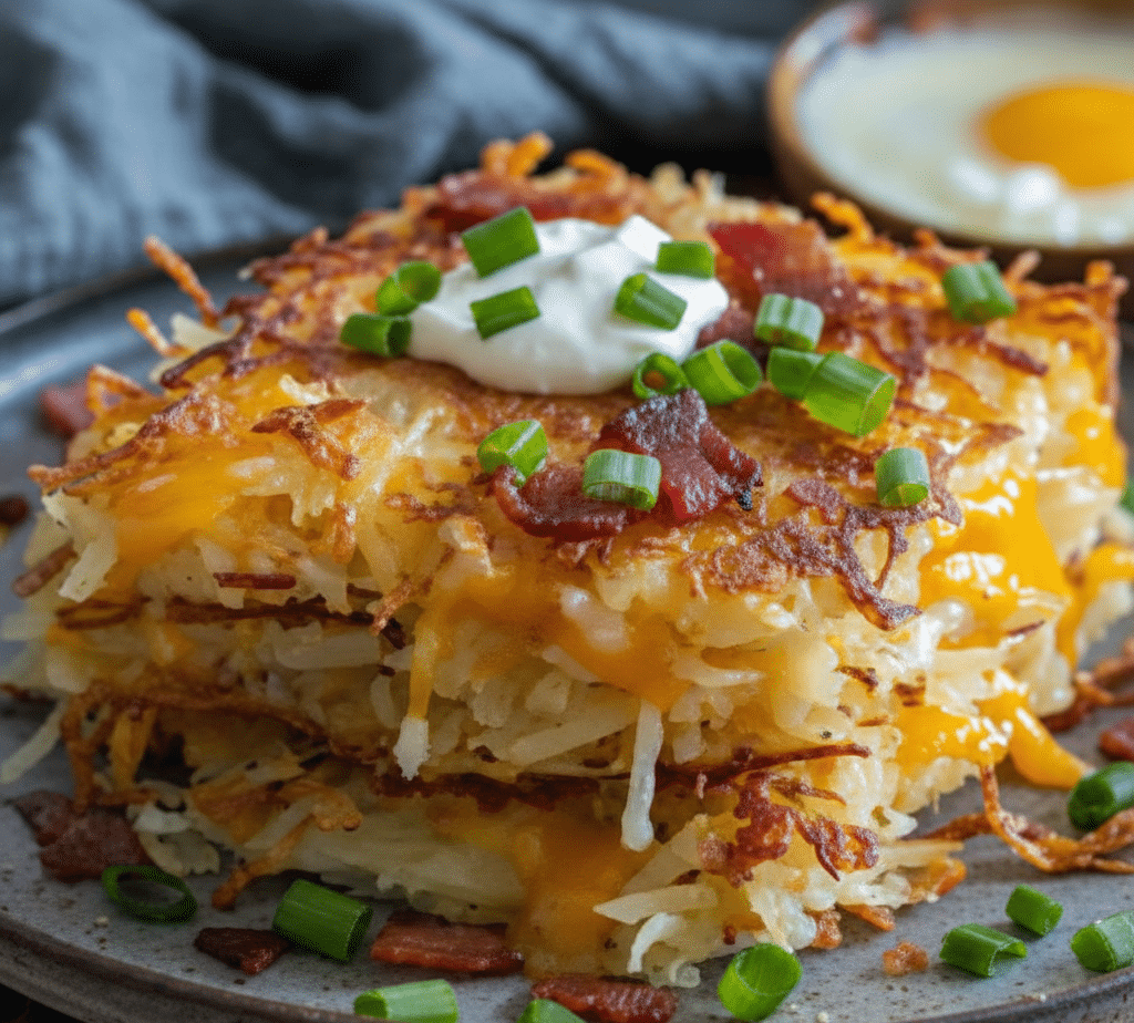 A close-up shot of crispy hashbrowns topped with melted cheddar cheese, crispy bacon bits, sour cream, and fresh chives, served in a cast-iron skillet. serving